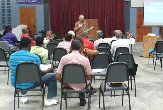 Skip Tobin (center) leads the Saturday session of a church planting seminar in Trinidad.