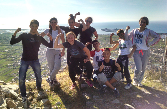 Katrina Schmid (front center) poses with some of her students at Lezha Academic Center on a hilltop overlooking the city of Lezhë. Courtesy of author