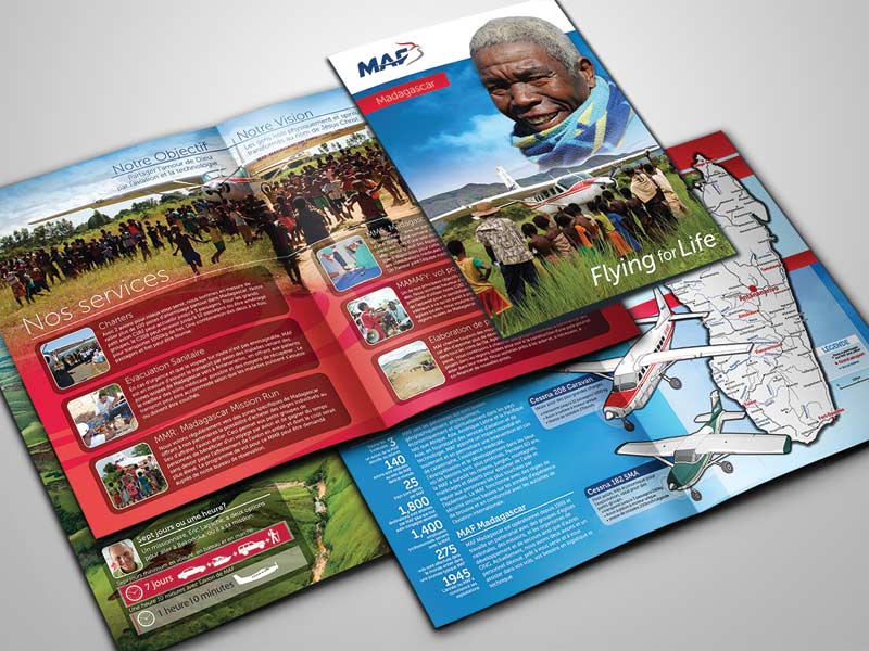 A sample of J.T.’s professional work in graphic design. This is a French-language brochure for Mission Aviation Fellowship (MAF) in Madagascar. Courtesy of author