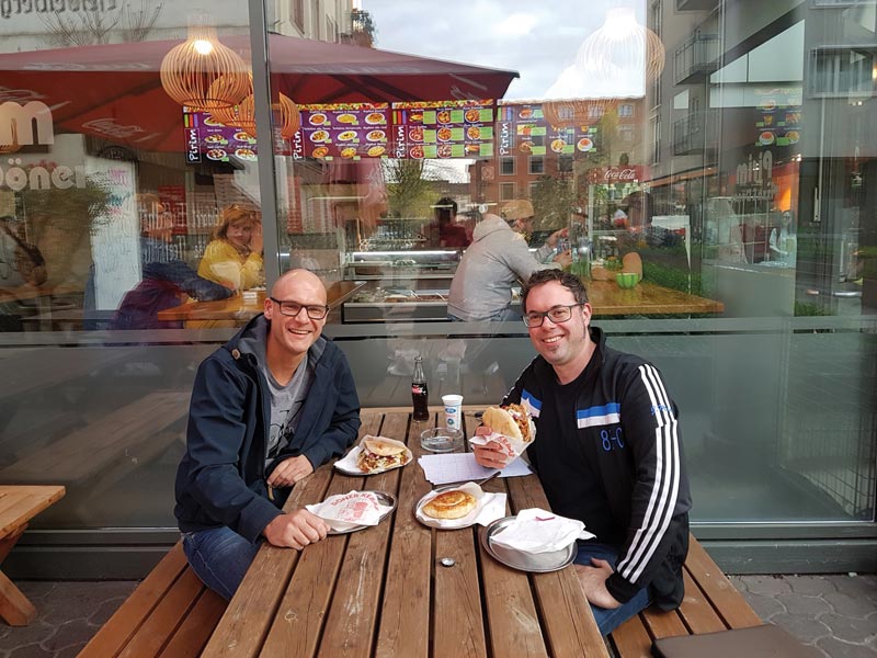 David Stutzman (right), VMMissions worker in Germany, meets with his friend Uwe for discipleship and Bible study at a nearby kebab restaurant. 