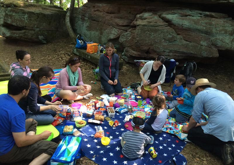 Friends and neighbors of Rebekka Stutzman (center) and David were invited to go hiking, with a picnic lunch. “We try to naturally include people into the activities of our community life,” said David. Photo: David Stutzman