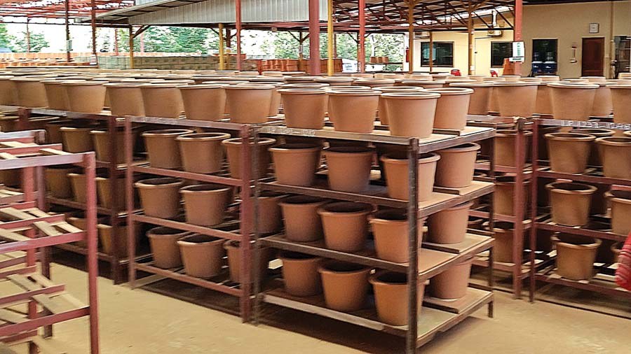 Rows of ceramic water filters at the plant in Southeast Asia. Courtesy of Carol Tobin