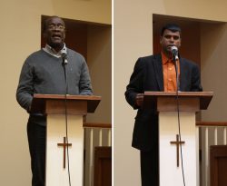 International partners William George Broughton (left) from Jamaica, and Deolal Ramdial from Trinidad, shared greetings and reflections on the impact of the international church relationships with VMMissions.