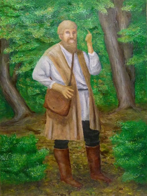 Michael Sattler preaches in the woods. Painting by Mike Atnip (Public Domain).