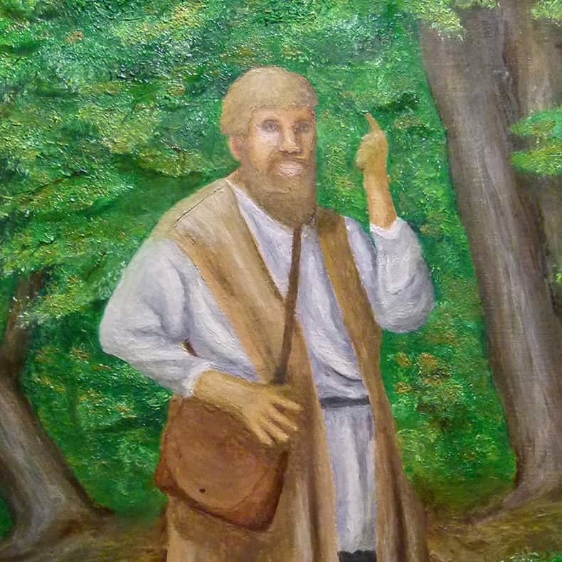 Michael Sattler preaches in the woods. Painting by Mike Atnip (Public Domain).