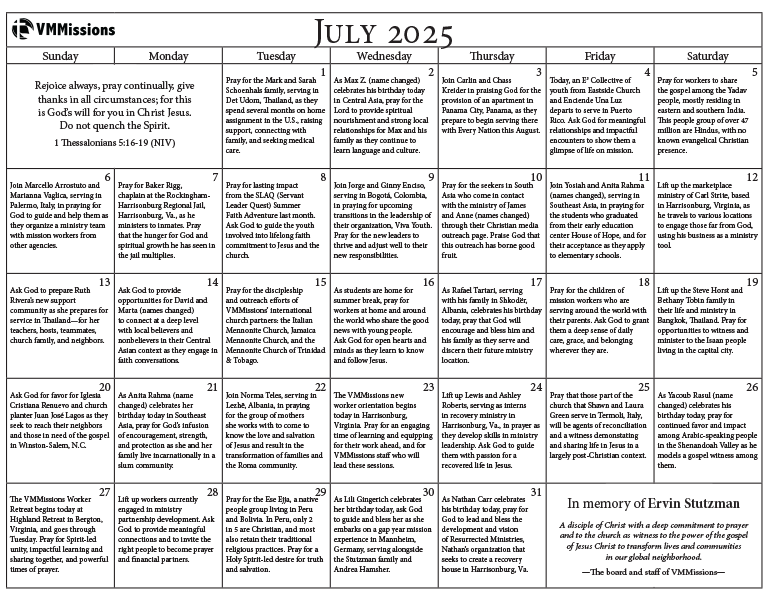 Prayer Calendar July 2025